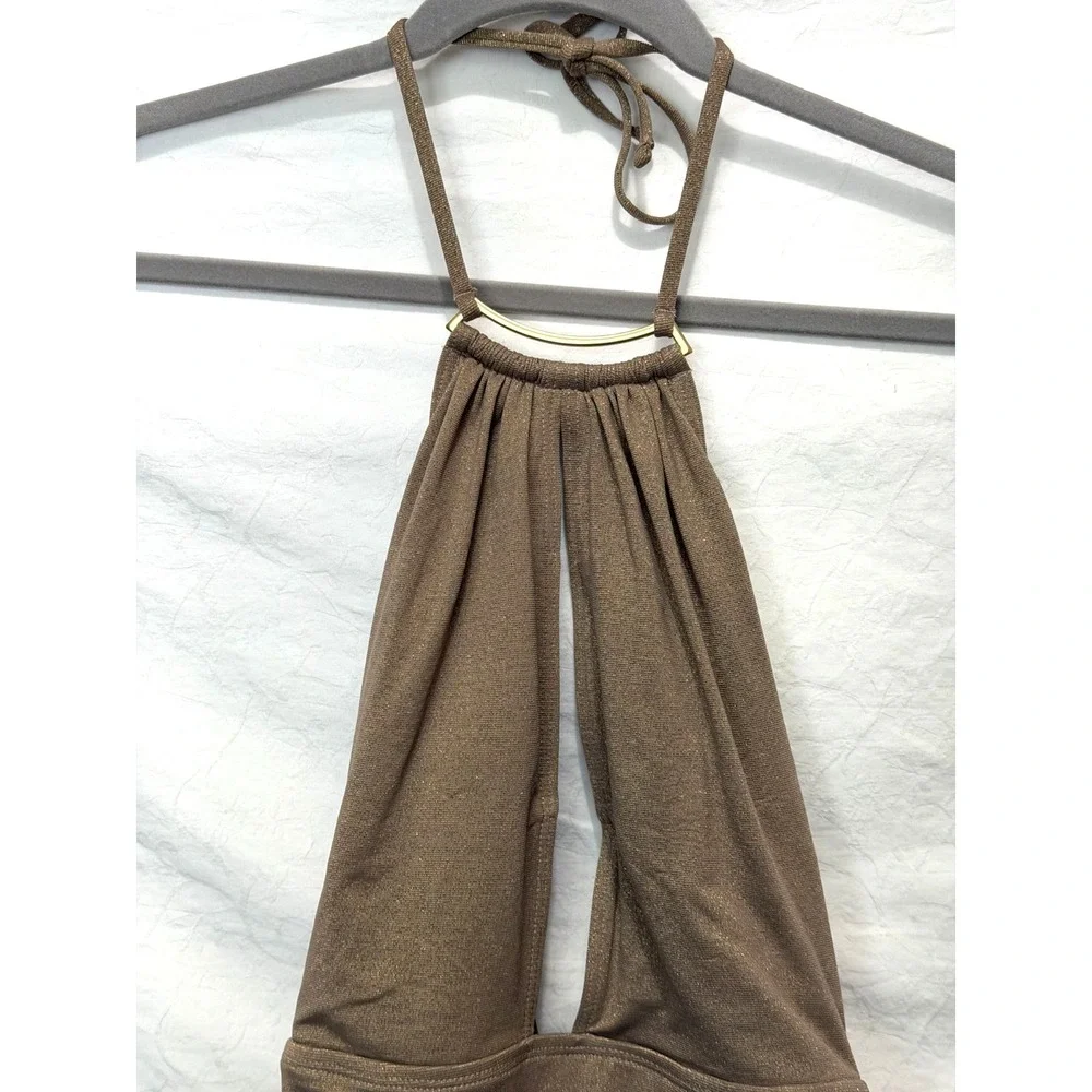 Kenneth Cole Medium Brown & Gold Shimmer Tummy Toner 1 Piece Halter Bathing Suit